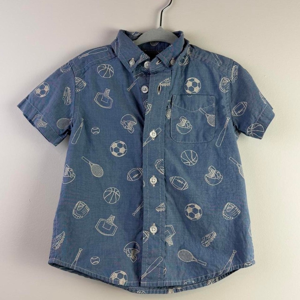 The Children's Place Boys Blue Denim Button Down Sports Print Shirt 12-18M